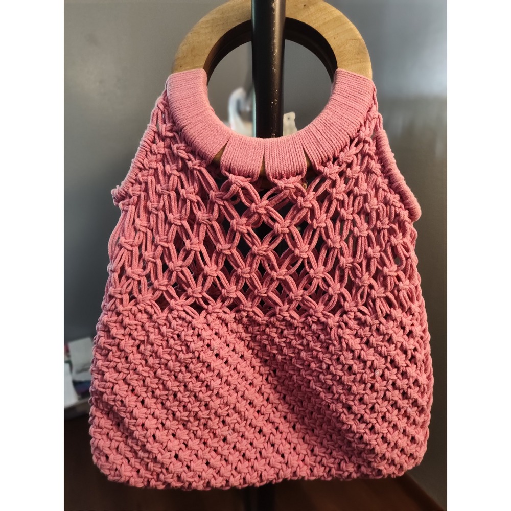 Macrame Handbag Wood Handle Pink Knitted Boho Bag Women's Purse
